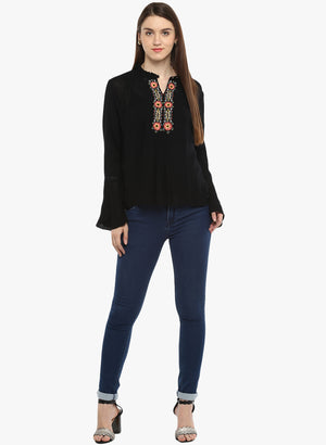 PORSORTE Viscose Crepe Thread Embroidery Neckline Bell Sleeve Top - www.porsorte.in