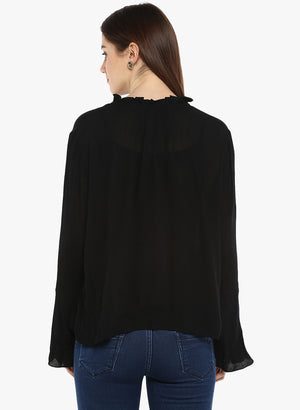 PORSORTE Viscose Crepe Thread Embroidery Neckline Bell Sleeve Top - www.porsorte.in