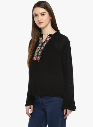 PORSORTE Viscose Crepe Thread Embroidery Neckline Bell Sleeve Top - www.porsorte.in