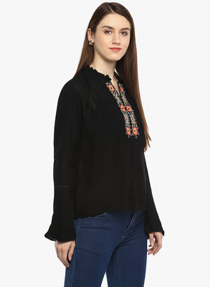 PORSORTE Viscose Crepe Thread Embroidery Neckline Bell Sleeve Top - www.porsorte.in