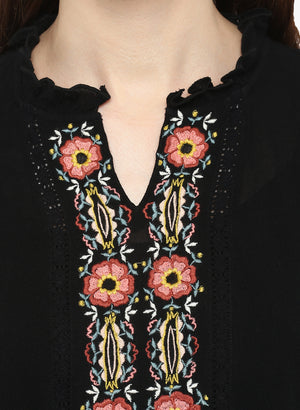 PORSORTE Viscose Crepe Thread Embroidery Neckline Bell Sleeve Top - www.porsorte.in