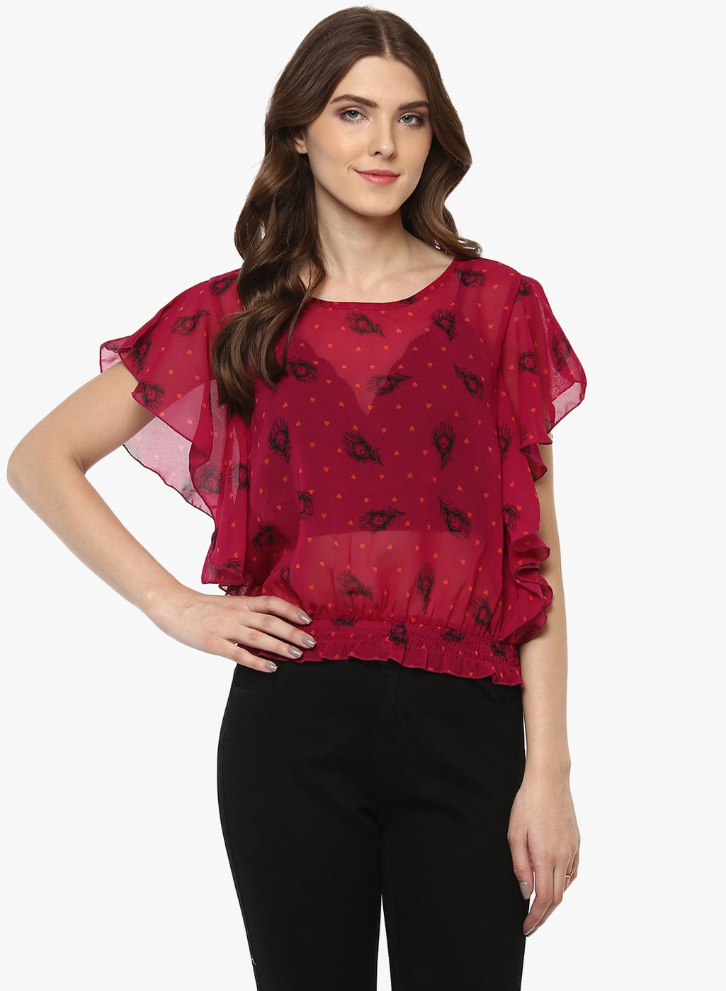 Porsorte Feather Print Poly Georgette Red and Black Top - www.porsorte.in