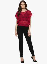 Porsorte Feather Print Poly Georgette Red and Black Top - www.porsorte.in