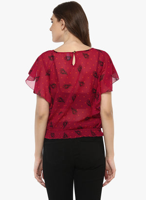 Porsorte Feather Print Poly Georgette Red and Black Top - www.porsorte.in