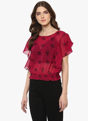 Porsorte Feather Print Poly Georgette Red and Black Top - www.porsorte.in