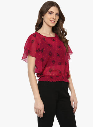 Porsorte Feather Print Poly Georgette Red and Black Top - www.porsorte.in