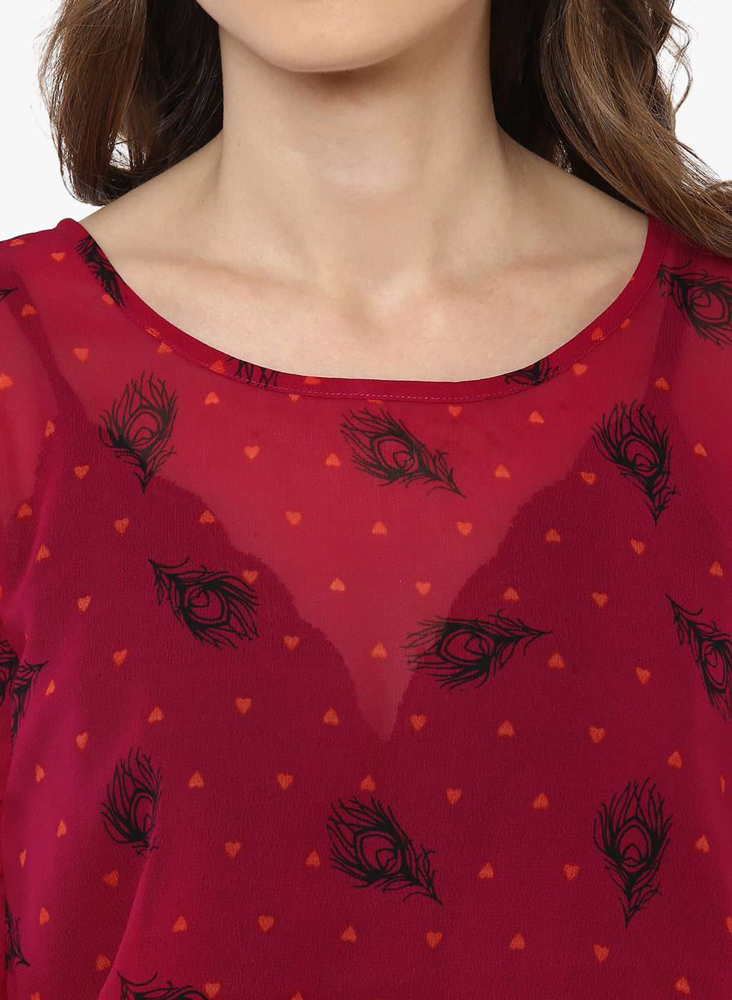 Porsorte Feather Print Poly Georgette Red and Black Top - www.porsorte.in