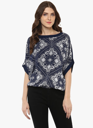 Porsorte Printed Viscose Rayon Blue and White Top - www.porsorte.in