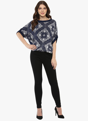 Porsorte Printed Viscose Rayon Blue and White Top - www.porsorte.in