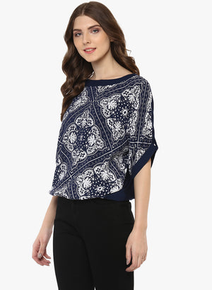 Porsorte Printed Viscose Rayon Blue and White Top - www.porsorte.in
