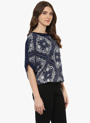 Porsorte Printed Viscose Rayon Blue and White Top - www.porsorte.in