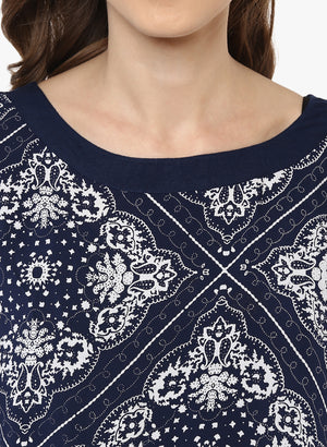 Porsorte Printed Viscose Rayon Blue and White Top - www.porsorte.in