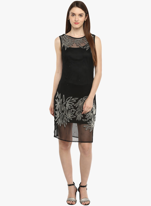 PORSORTE Women's Black Polyester hand Embroidery Beaded Dress - www.porsorte.in