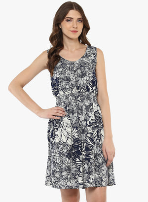 Porsorte Women's Printed OffwhiteBlue  Polycrepe Casual Dress - www.porsorte.in
