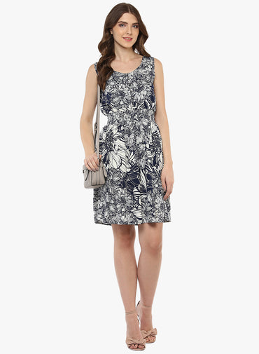 Porsorte Women's Printed OffwhiteBlue  Polycrepe Casual Dress - www.porsorte.in