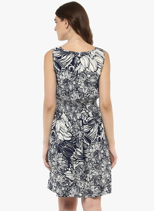 Porsorte Women's Printed OffwhiteBlue  Polycrepe Casual Dress - www.porsorte.in