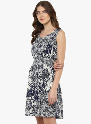 Porsorte Women's Printed OffwhiteBlue  Polycrepe Casual Dress - www.porsorte.in