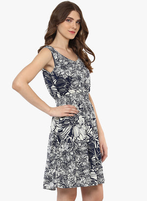 Porsorte Women's Printed OffwhiteBlue  Polycrepe Casual Dress - www.porsorte.in