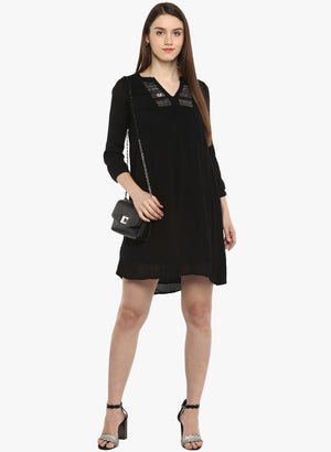 Porsorte Women's Black Viscose Crepe Embellished Casual Shift Dress - www.porsorte.in