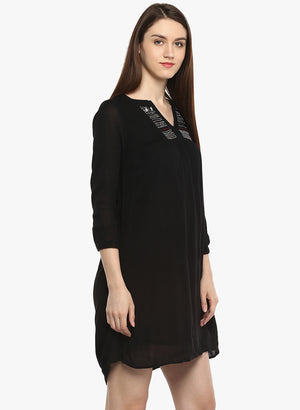 Porsorte Women's Black Viscose Crepe Embellished Casual Shift Dress - www.porsorte.in