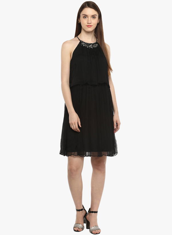 Porsorte Women's Black PolyChiffon Embellished Casual Shift Dress - www.porsorte.in