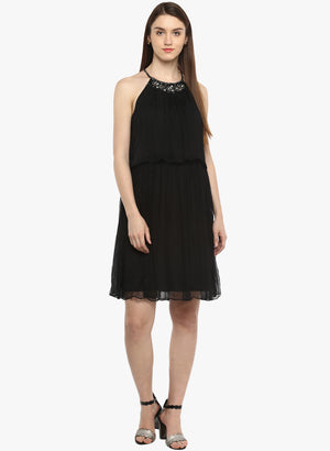 Porsorte Women's Black PolyChiffon Embellished Casual Shift Dress - www.porsorte.in