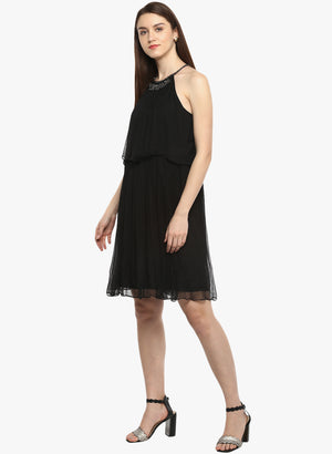 Porsorte Women's Black PolyChiffon Embellished Casual Shift Dress - www.porsorte.in