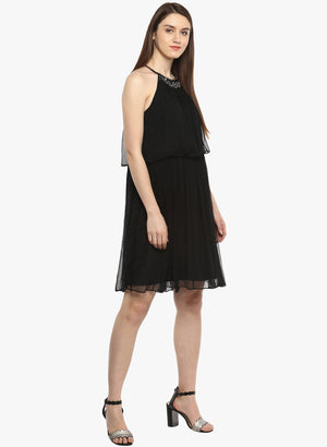 Porsorte Women's Black PolyChiffon Embellished Casual Shift Dress - www.porsorte.in