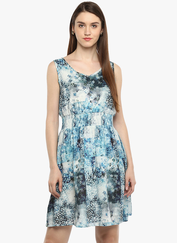 Porsorte Women's Digital Floral Print Blue Cotton Voile Casual Shift Dress - www.porsorte.in